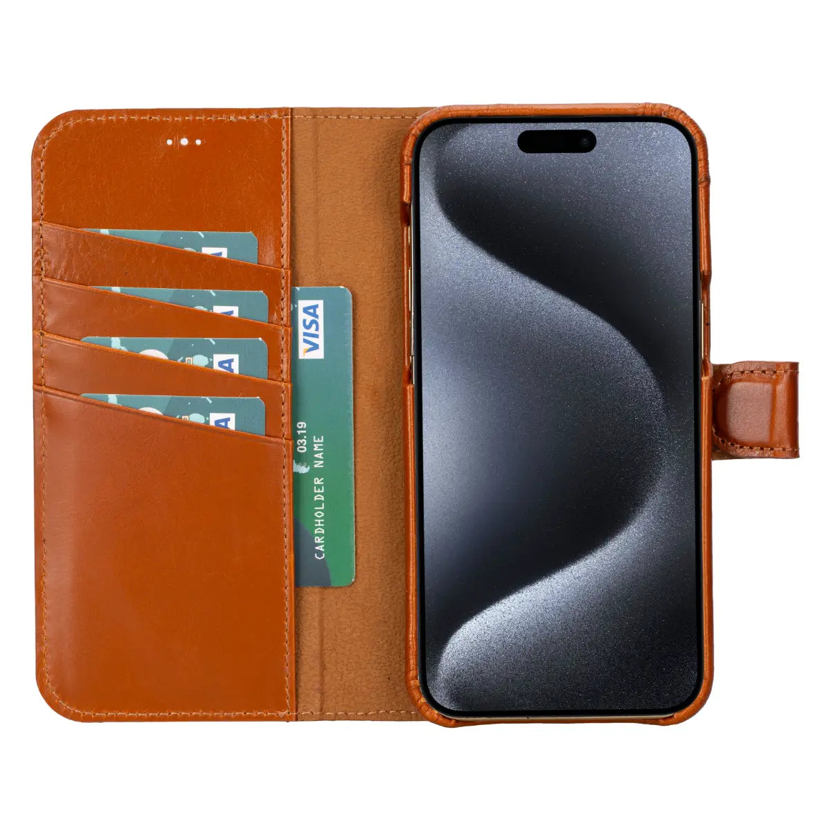Prestige Wallet Case aus brüniertem hellbraunem Leder für das iPhone 15 Pro Max 