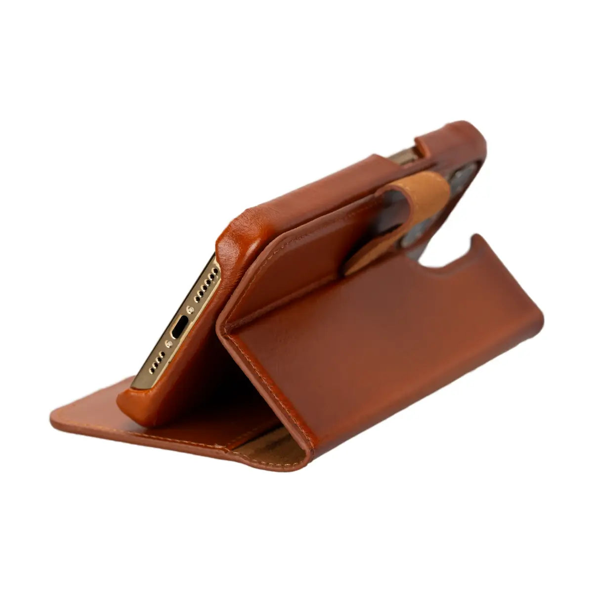 Prestige Wallet Case aus brüniertem hellbraunem Leder für das iPhone 15 Pro Max 