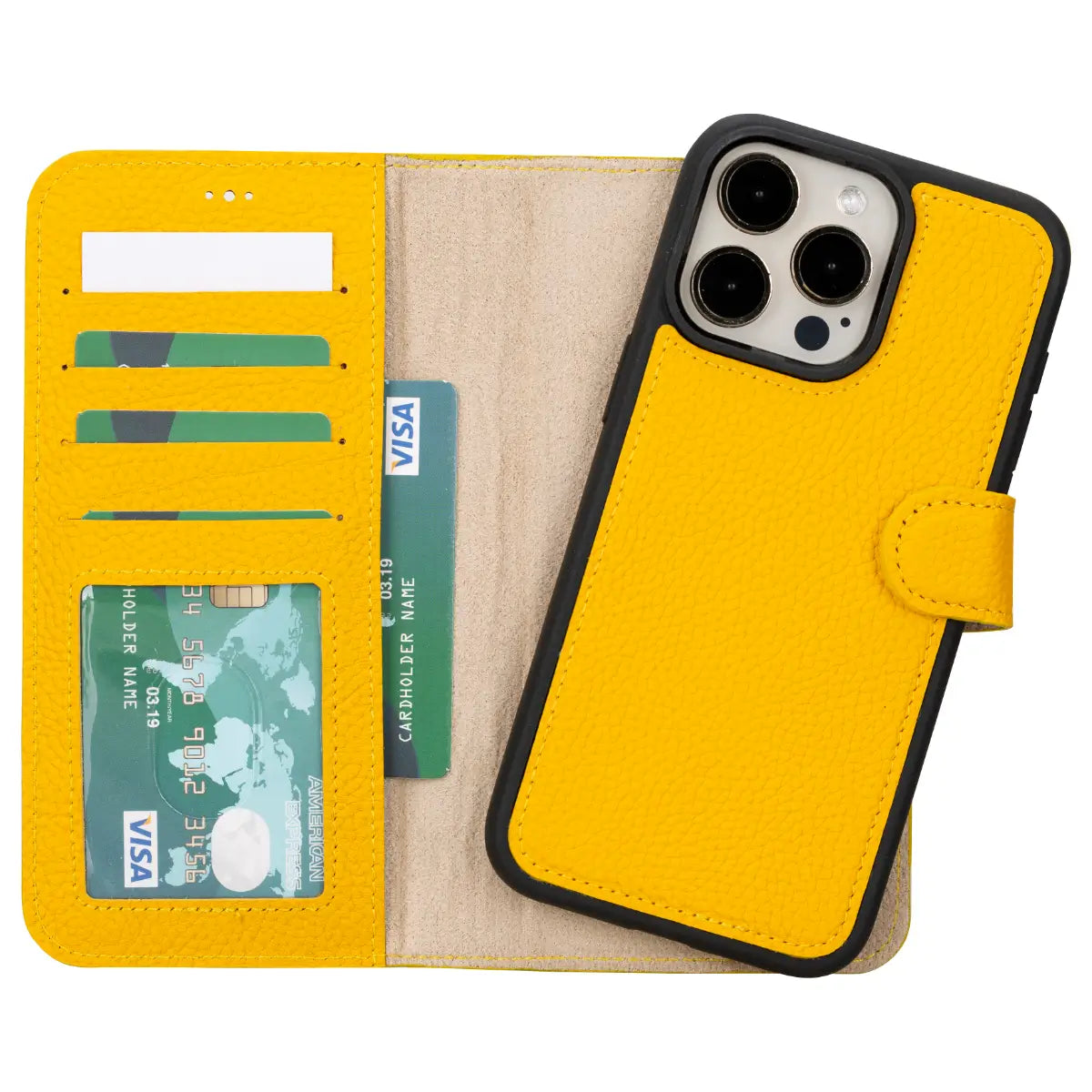 Gelbe Leder-Brieftaschenhülle für iPhone 16 Pro Max 