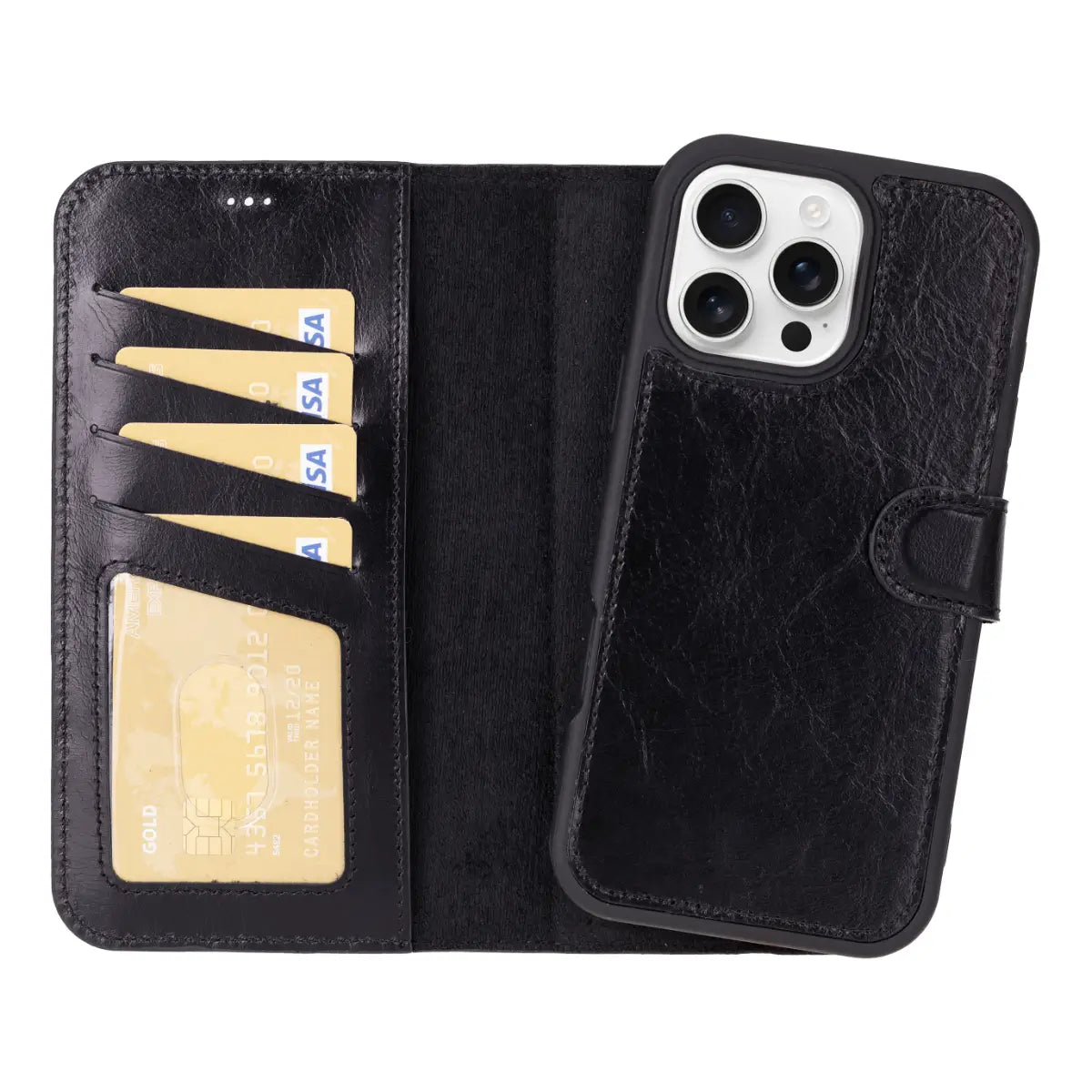 Black Leather Wallet Case for iPhone 16 Pro Max
