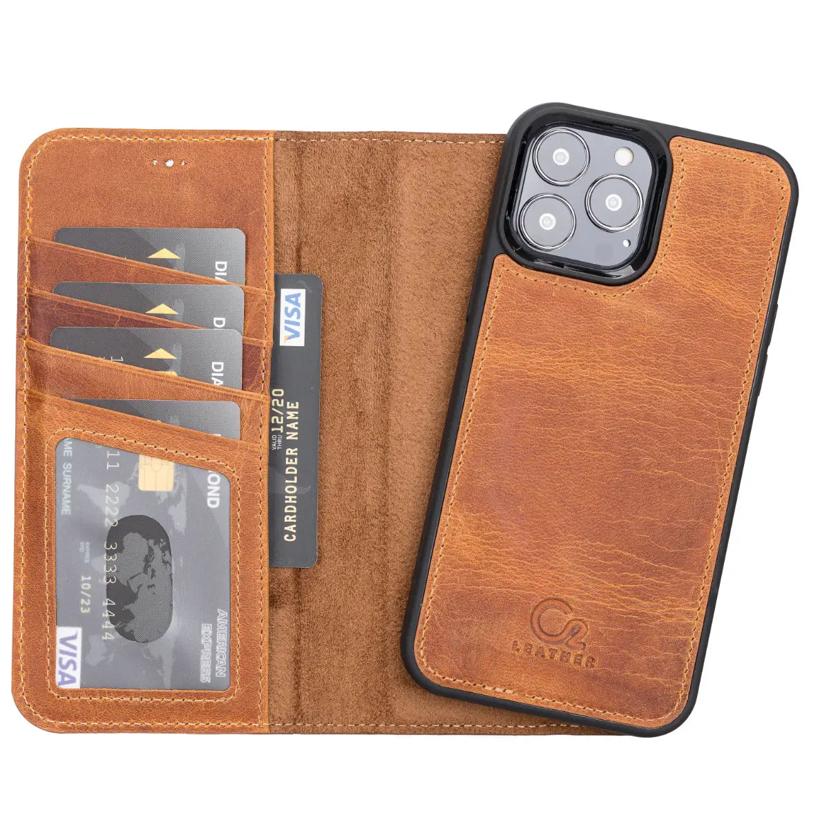 Camel Brown Leather Wallet Case for iPhone 13 Pro Max