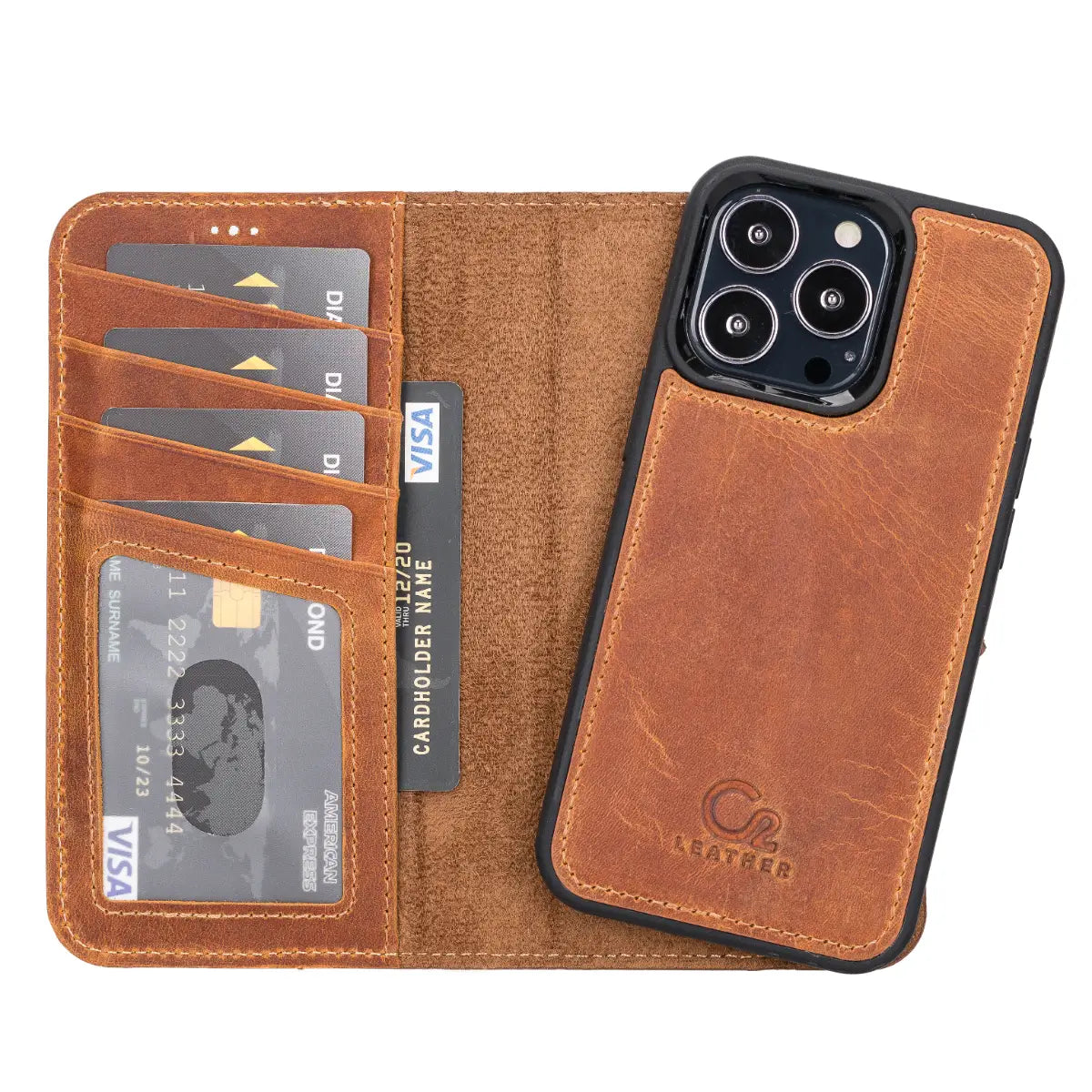 Camel Brown Leather Wallet Case for iPhone 13 Pro