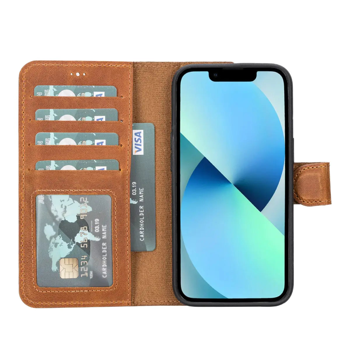 Camel Brown Leather Wallet Case for iPhone 14
