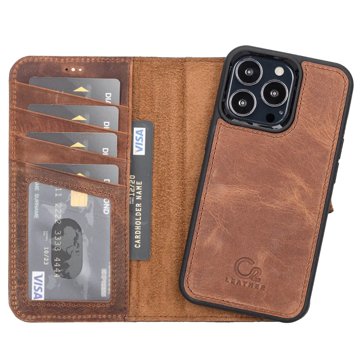 Distressed Brown Leather Magnetic Case for iPhone 13 Pro