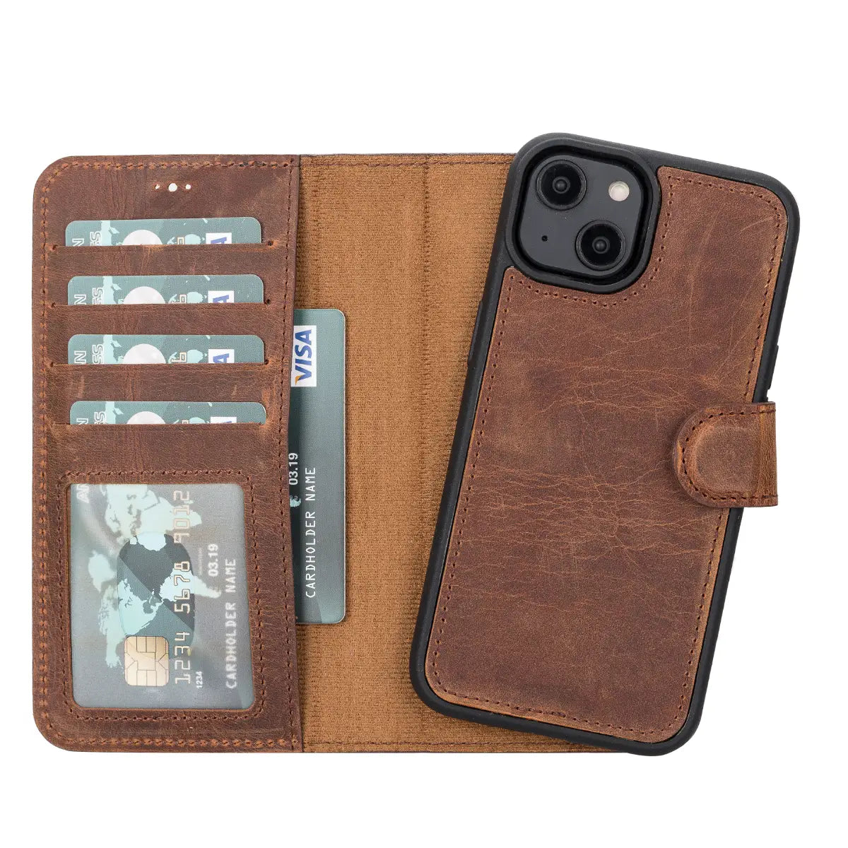 Distressed Brown Leather Wallet Case for iPhone 14