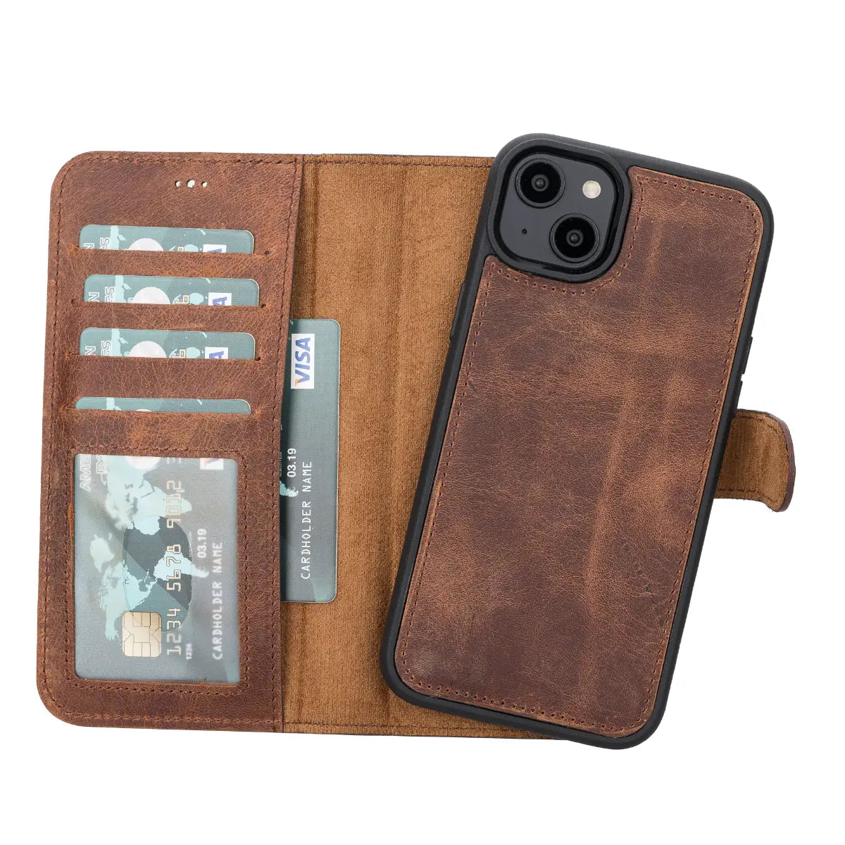 Brieftaschen-Etui aus braunem Leder im Used-Look für das iPhone 14 Plus