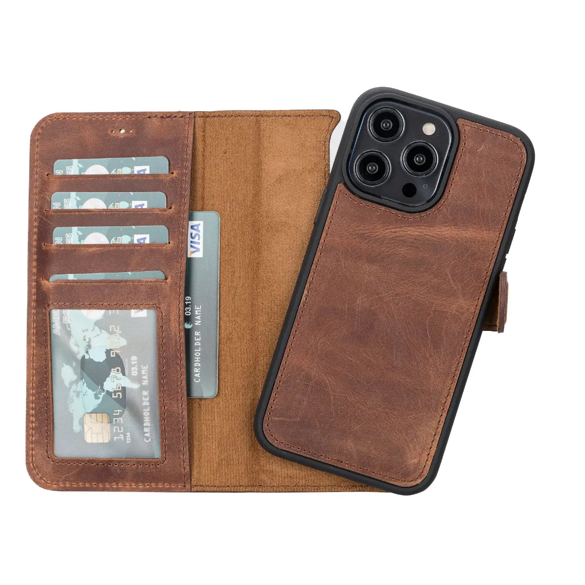 Brieftaschen-Etui aus braunem Leder im Used-Look für iPhone 14 Pro Max