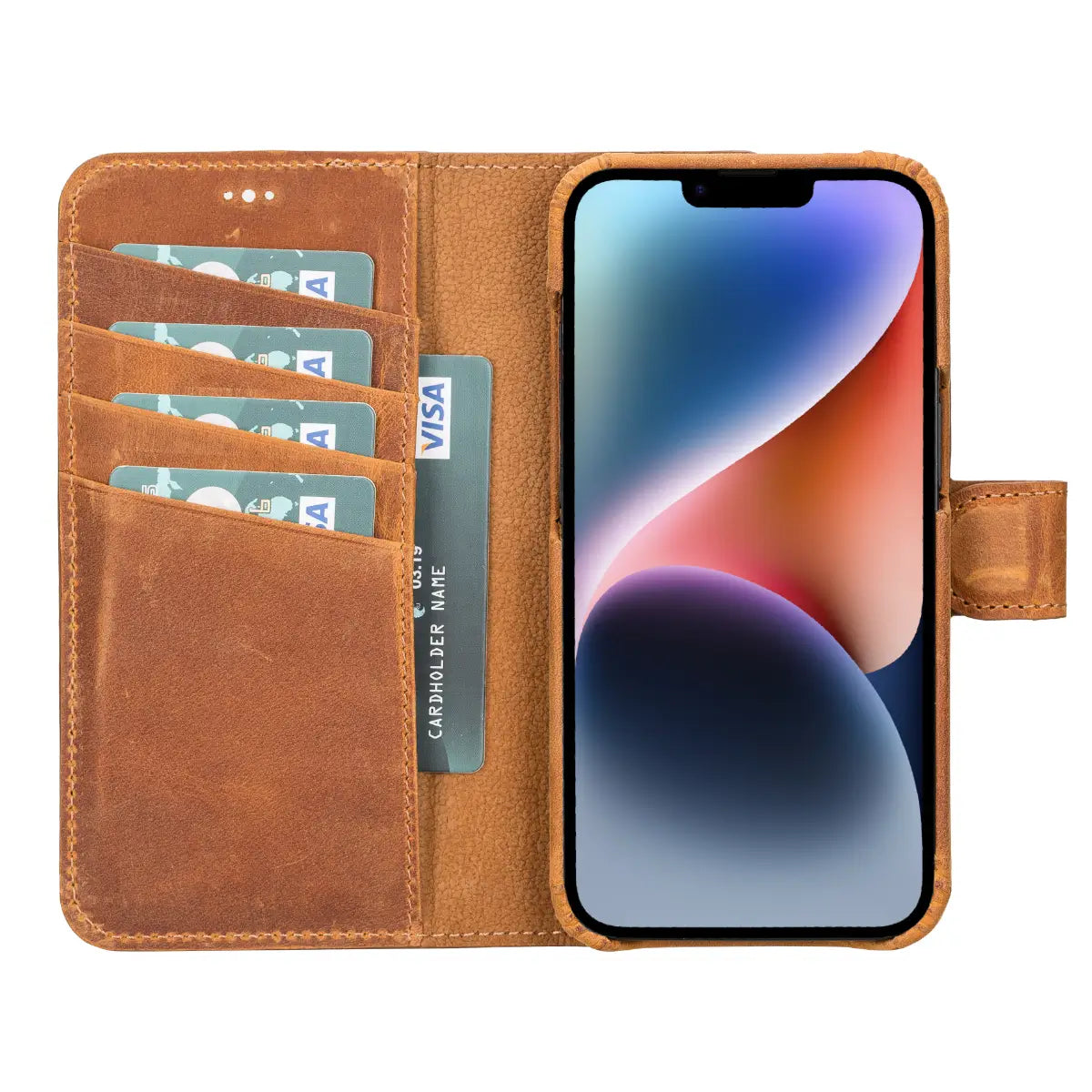 Kamelbraune Leder-Brieftaschenhülle für iPhone 14, Prestige