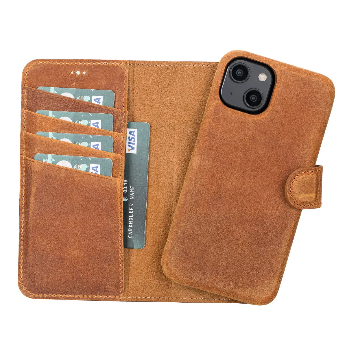 Kamelbraune Leder-Brieftaschenhülle für iPhone 14, Prestige