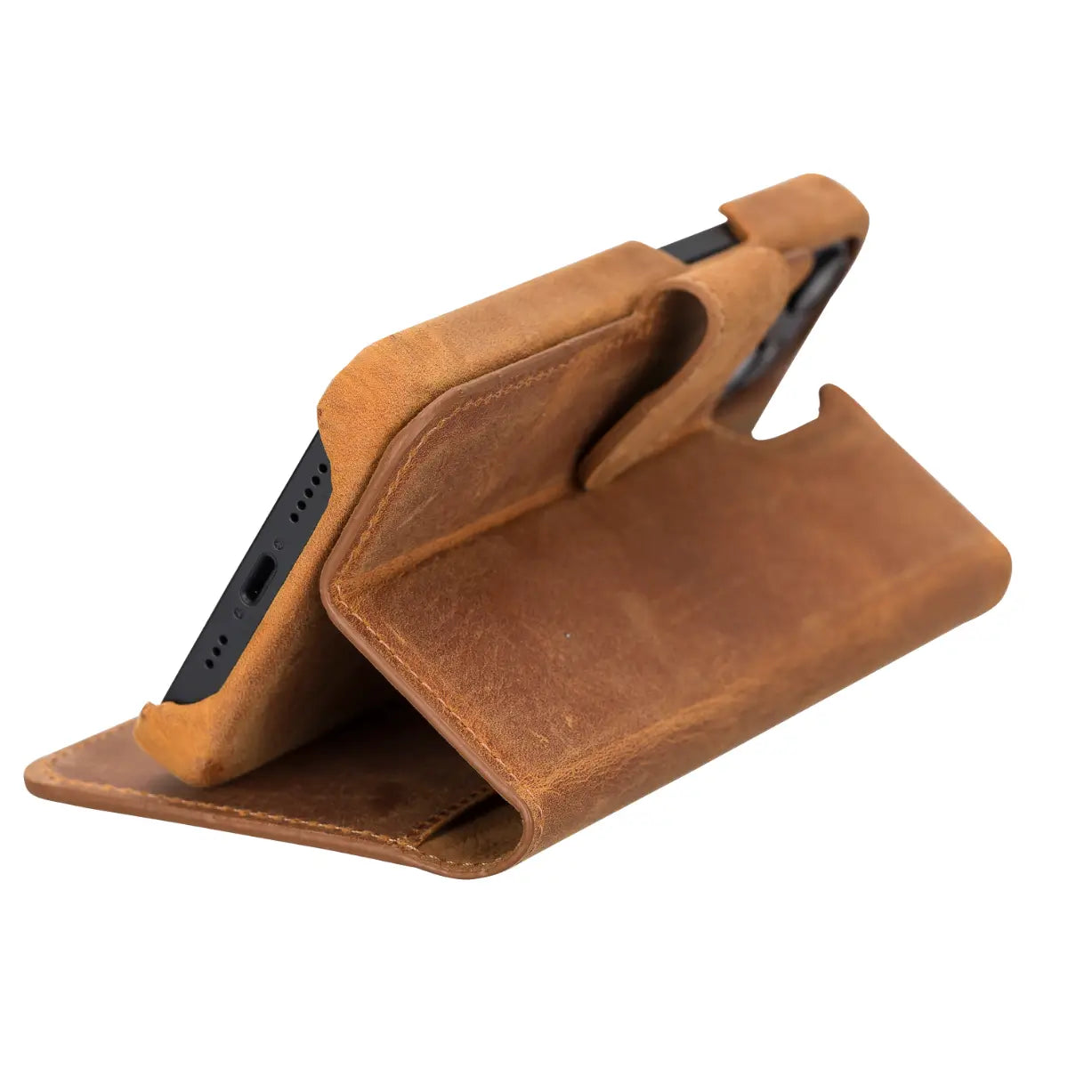 Kamelbraune Leder-Brieftaschenhülle für iPhone 14, Prestige