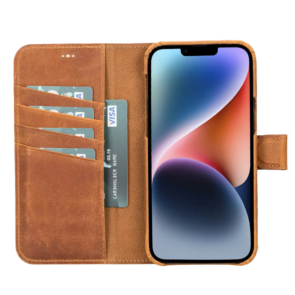 Kamelbraune magnetische Leder-Brieftaschenhülle für iPhone 14 Plus, Prestige