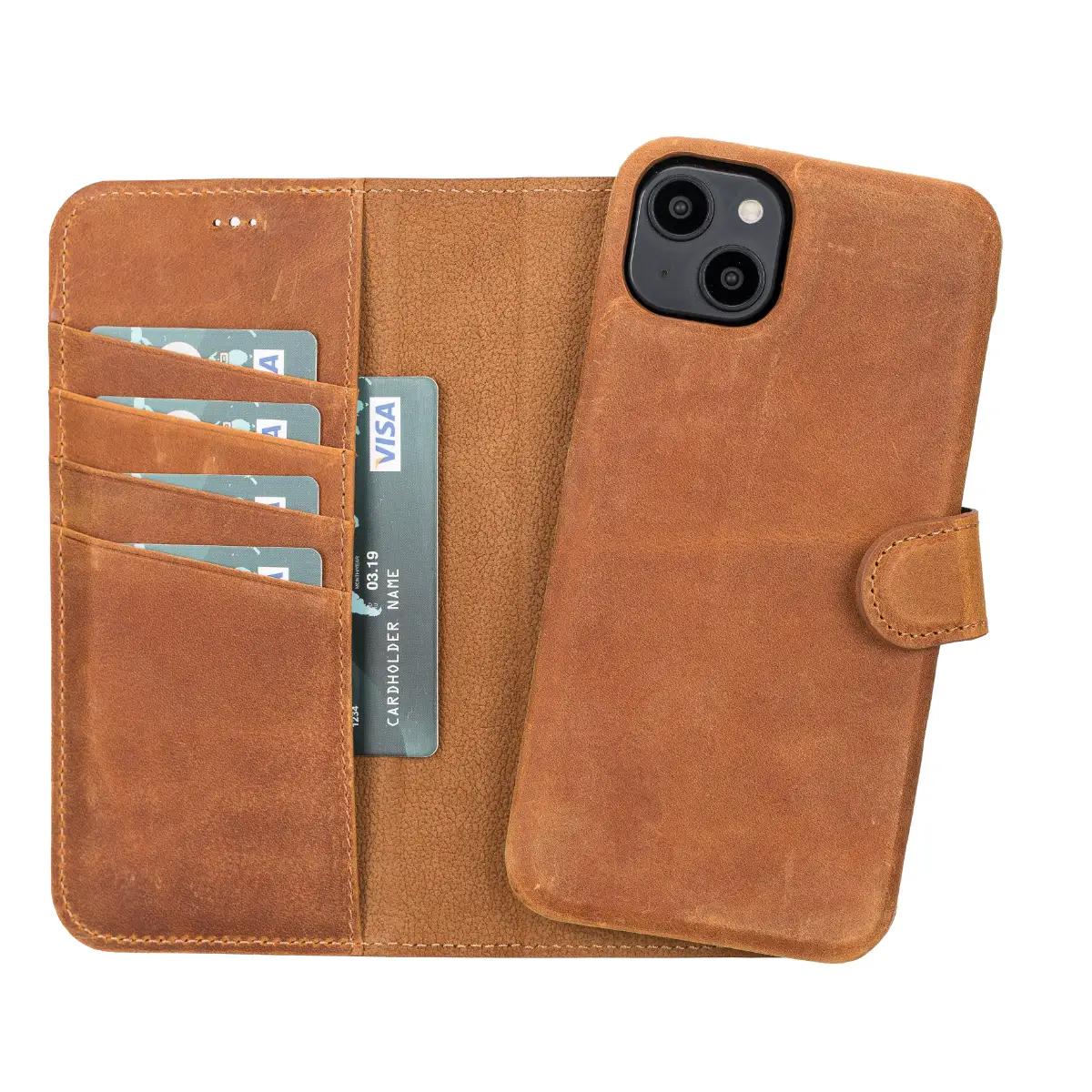 Kamelbraune magnetische Leder-Brieftaschenhülle für iPhone 14 Plus, Prestige