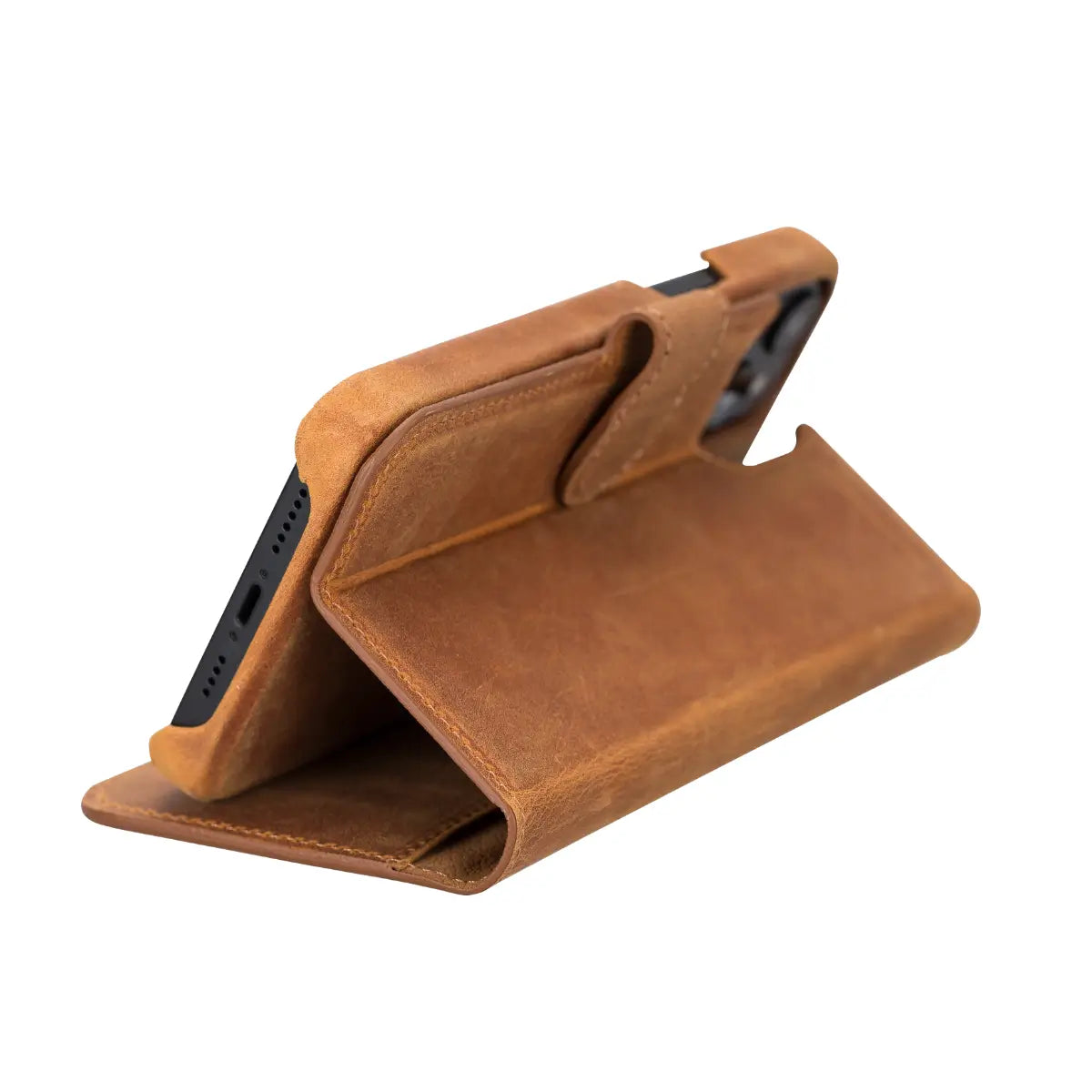 Kamelbraune magnetische Leder-Brieftaschenhülle für iPhone 14 Plus, Prestige