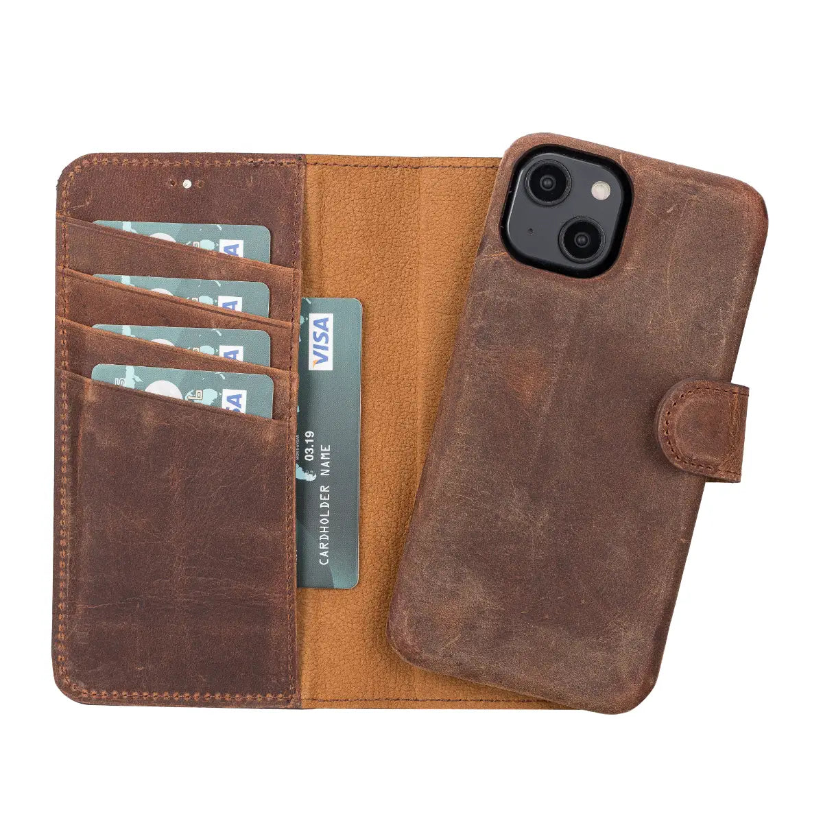 Magnetische Brieftaschenhülle aus braunem Leder im Used-Look für iPhone 14, Prestige