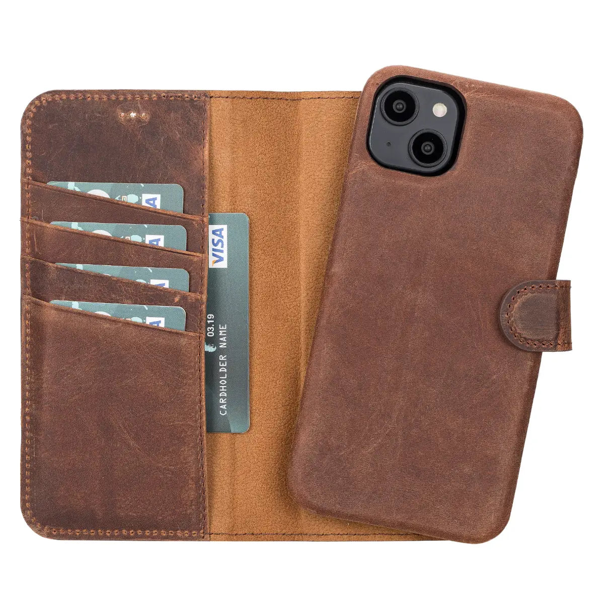 Magnetische Brieftaschenhülle aus braunem Leder im Used-Look für iPhone 14 Plus, Prestige
