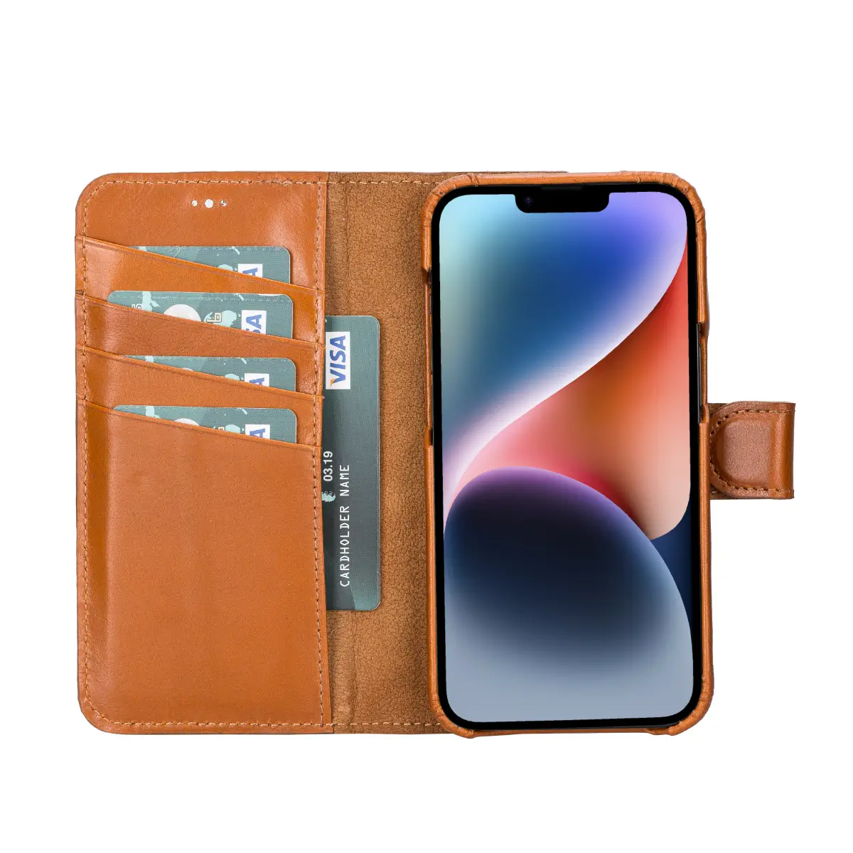 Brieftaschen-Etui aus brüniertem hellbraunem Leder für iPhone 14, Prestige
