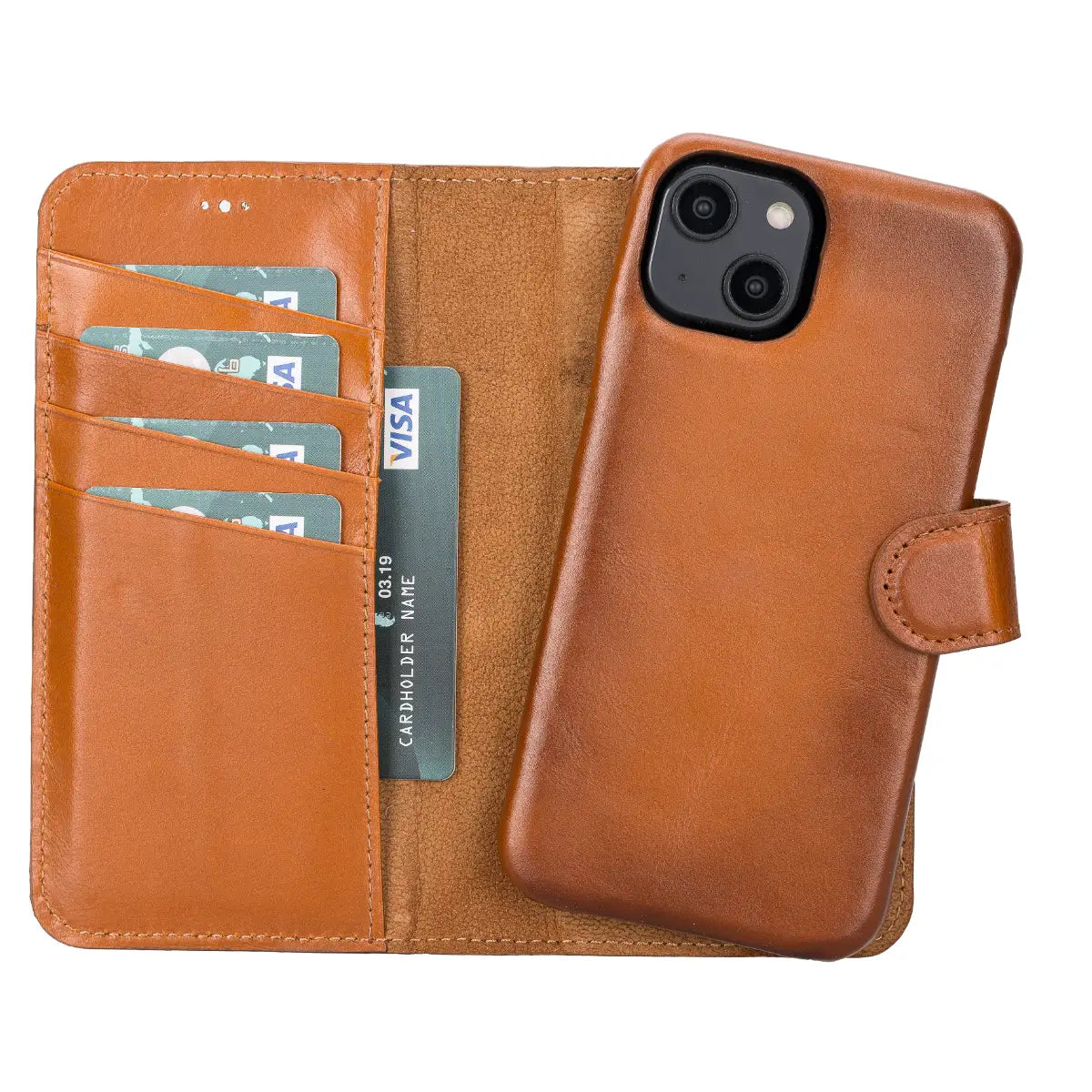 Brieftaschen-Etui aus brüniertem hellbraunem Leder für iPhone 14, Prestige