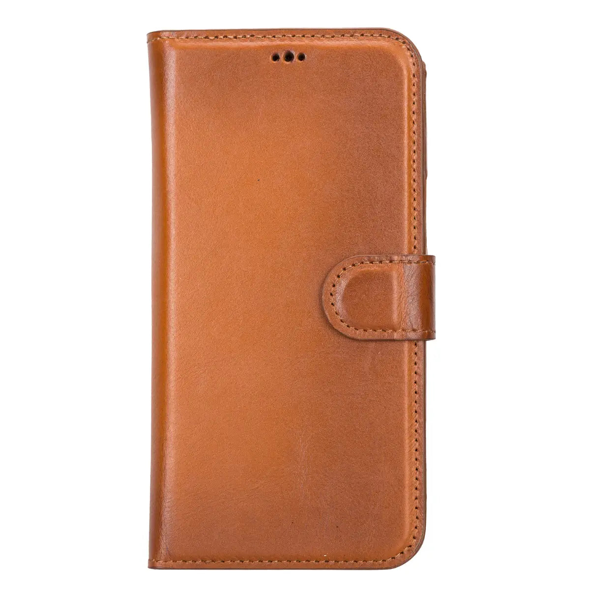 Magnetische Brieftaschenhülle aus brüniertem hellbraunem Leder für iPhone 14 Plus, Prestige