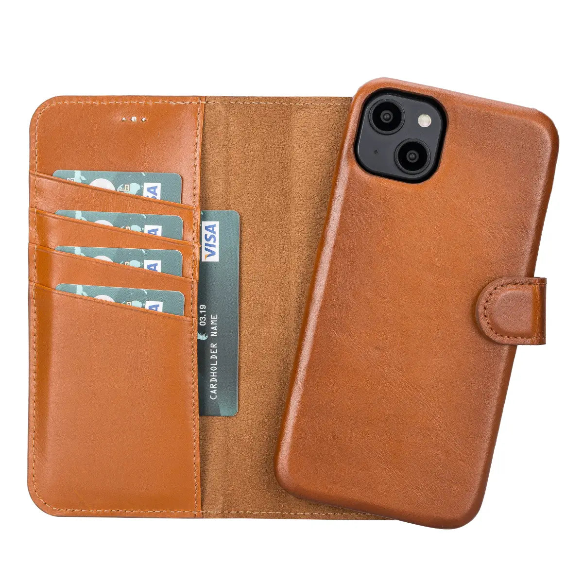 Magnetische Brieftaschenhülle aus brüniertem hellbraunem Leder für iPhone 14 Plus, Prestige