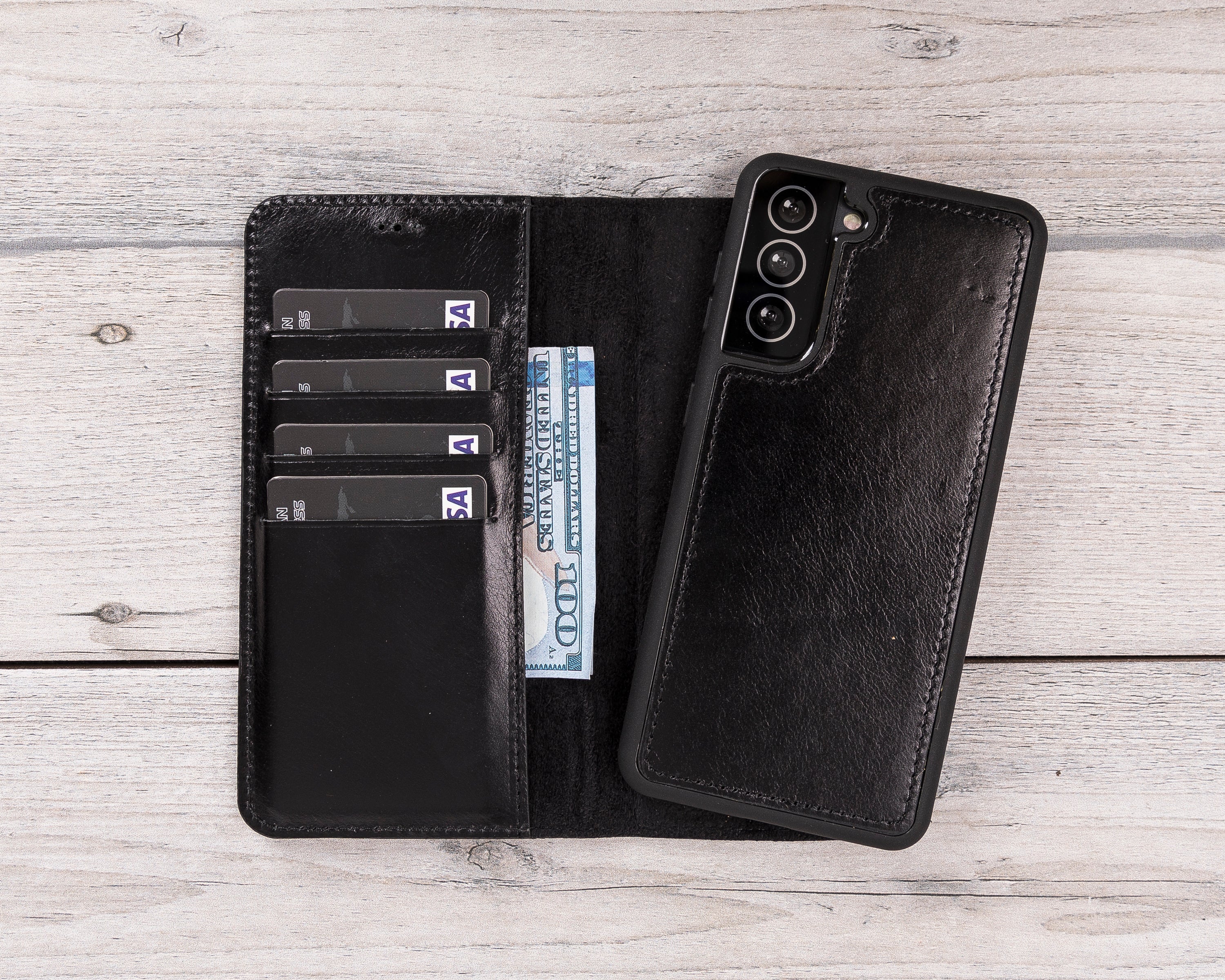 Schwarze magnetische Leder-Brieftaschenhülle für Galaxy S22 / S23 / S24