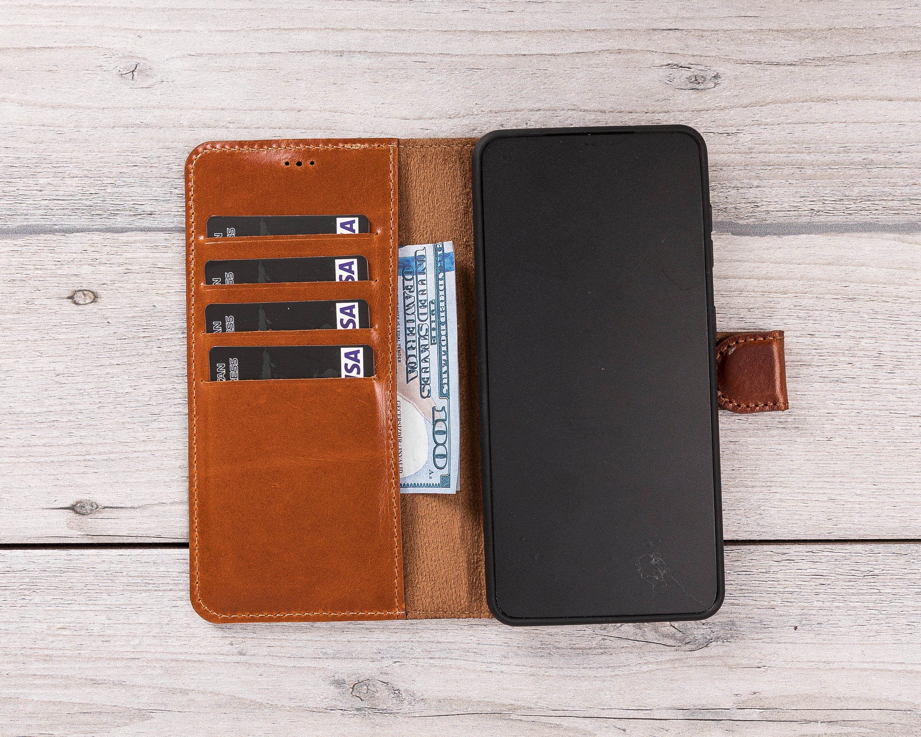 Magnetische Brieftaschenhülle aus brüniertem hellbraunem Leder für Galaxy S22 / S23 / S24