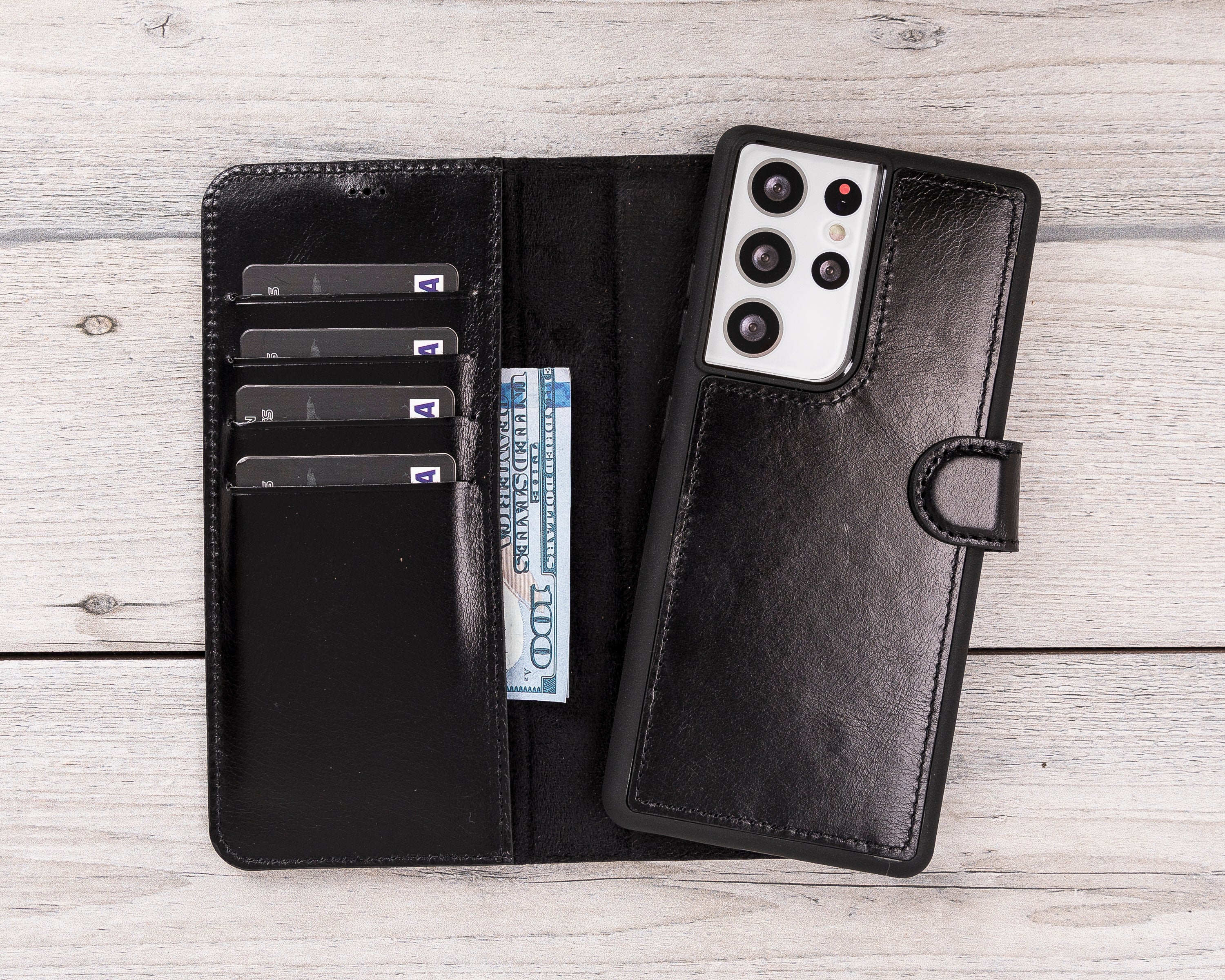 Schwarze magnetische Leder-Brieftaschenhülle für Galaxy S22 / S23 / S24