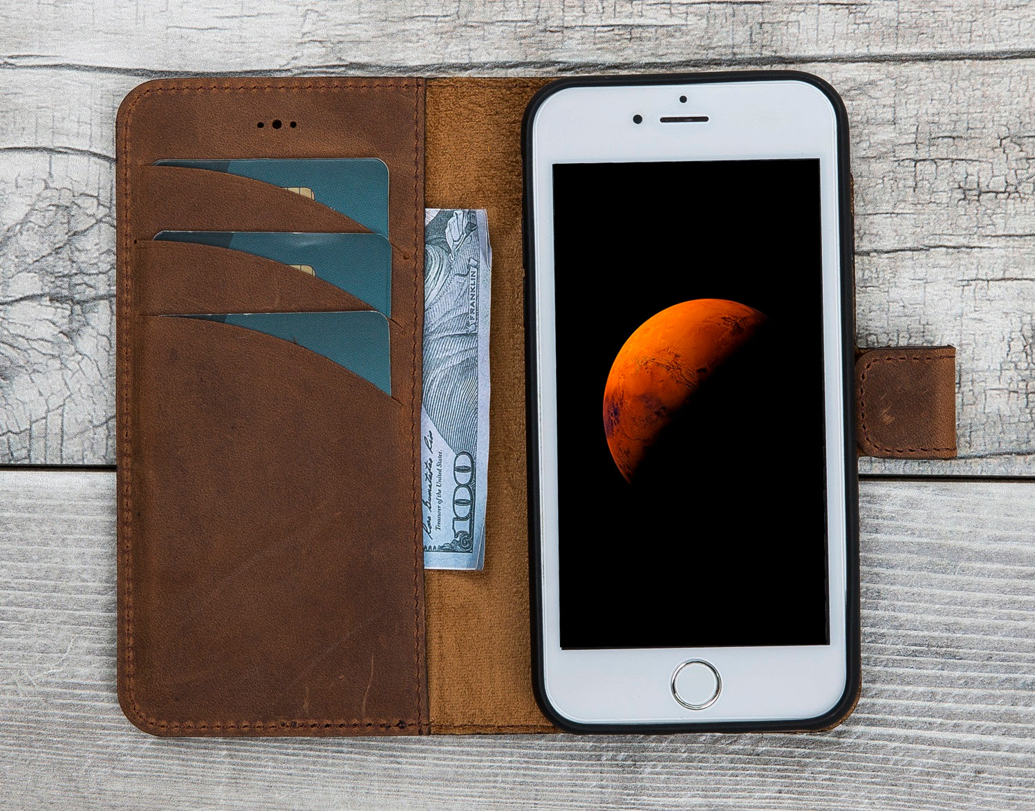 Magnetische Lederhülle Antic Braun für iPhone SE-2/ 7 / 7 +/ 8 / 8 + 