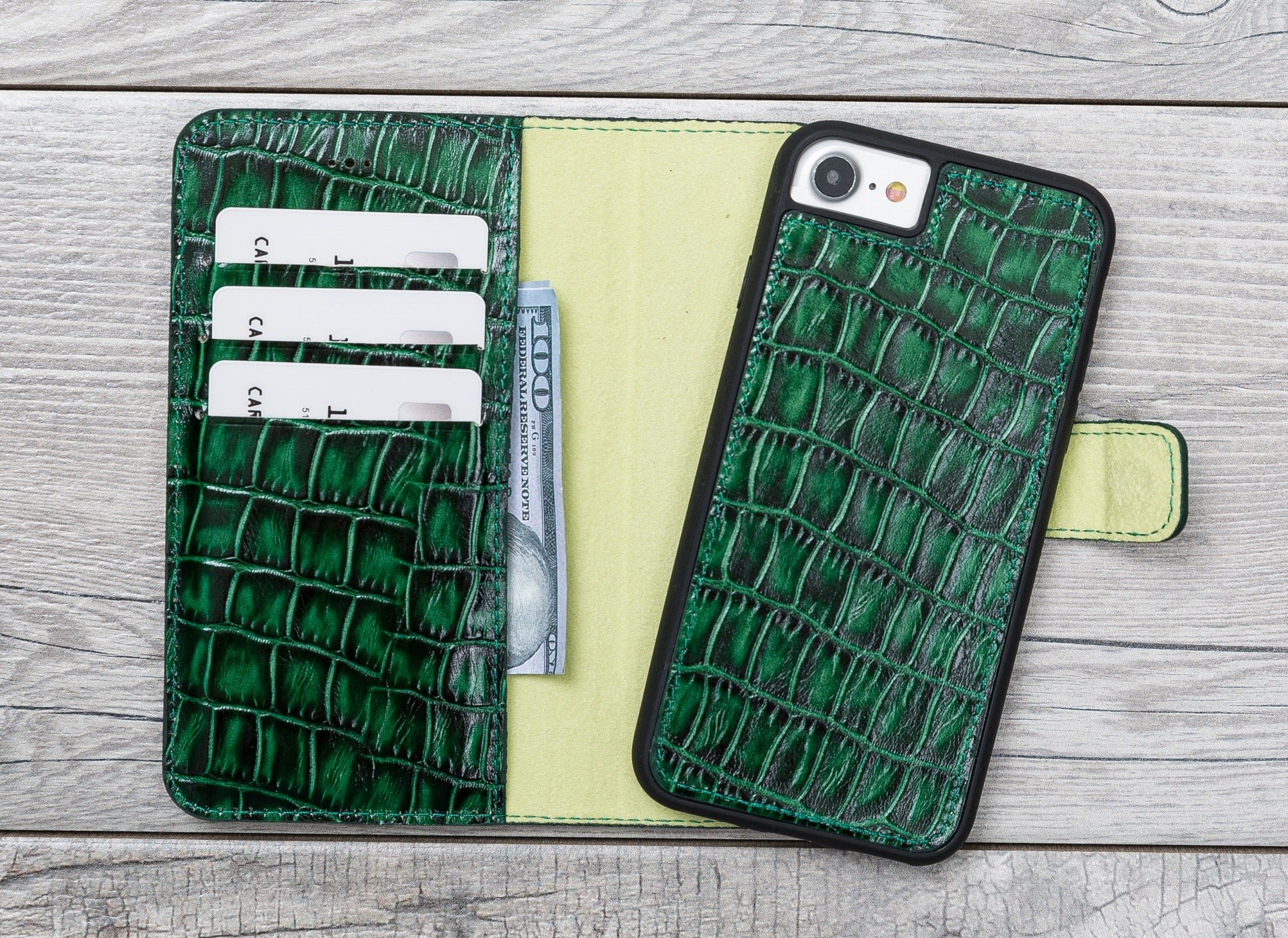 Grünes Kroko-Muster, magnetische Brieftasche aus echtem Leder für iPhone 7/8 