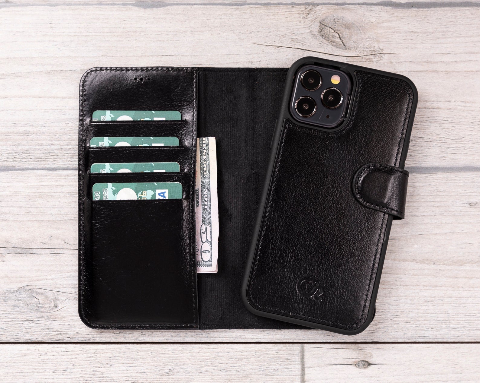 Schwarze magnetische Brieftaschenhülle aus Leder für iPhone 12-Modelle 