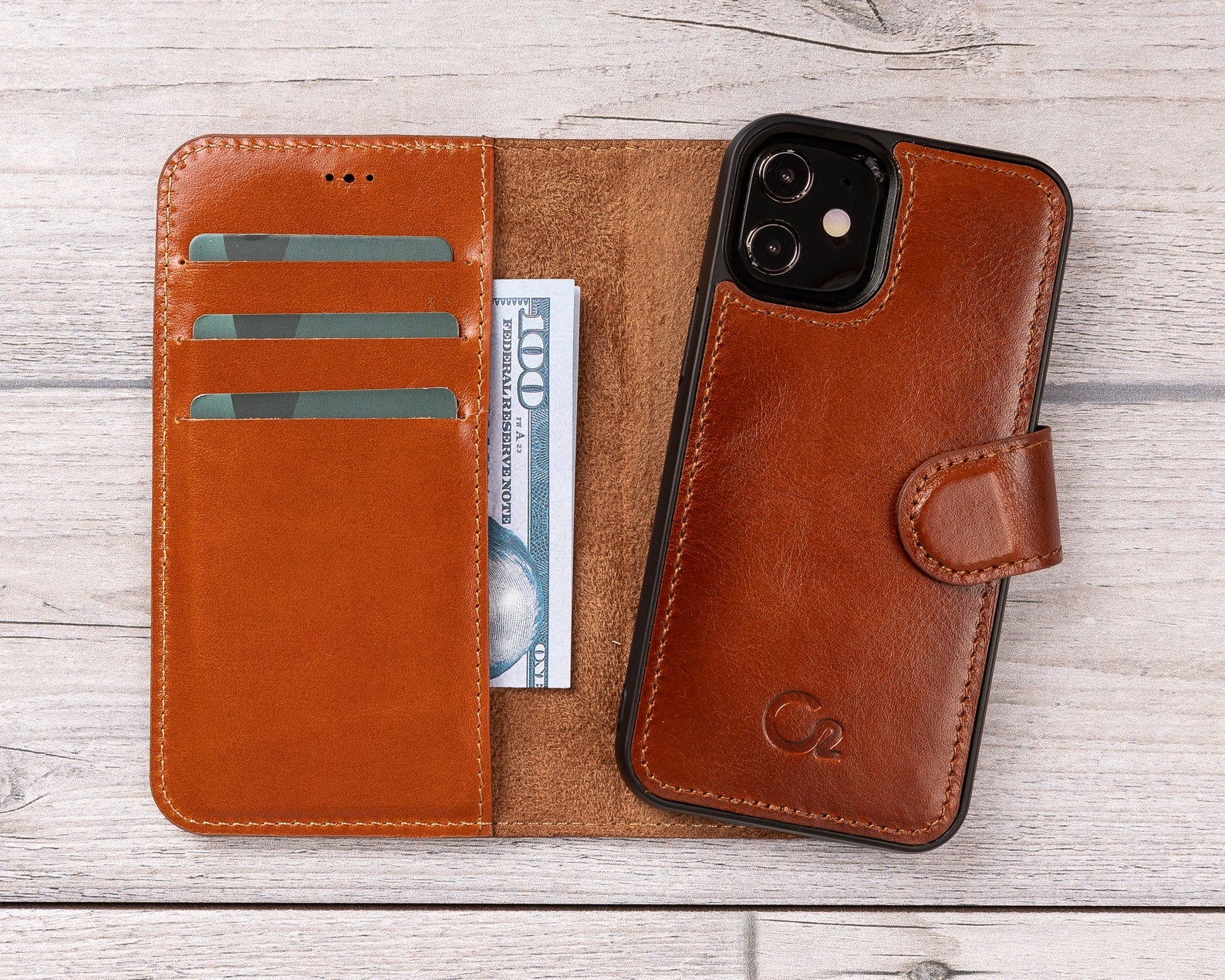 Magnetische Brieftaschenhülle aus brüniertem hellbraunem Leder für iPhone 12-Modelle 