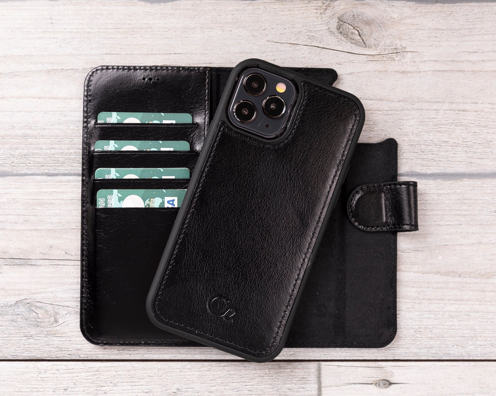Schwarze magnetische Brieftaschenhülle aus Leder für iPhone 12-Modelle 