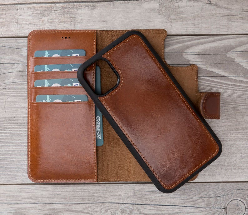 Magnetische Brieftaschenhülle aus brüniertem braunem Leder für iPhone 11-Modelle 